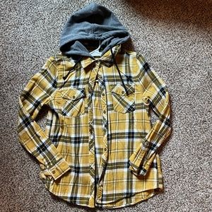 Mustard and navy flannel with grey hood